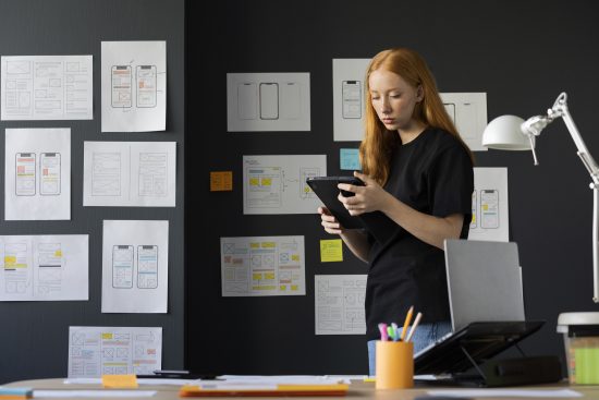 Anticipando el futuro del diseño UI/UX: Mujer diseñadora de UX UI maquetando un proyecto aplicando tendencias UX UI para 2025