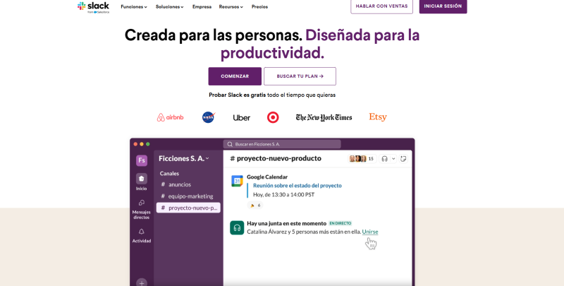Ejemplo de una landing page bien estructurada de la empresa Slack. 